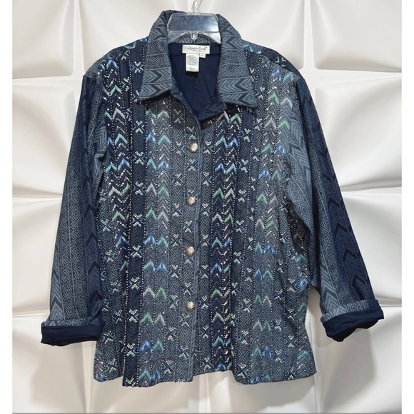 Coldwater Creek Womens Sz XL Blue Denim Beaded Embroidered Jacket Western Aztec - Picture 3 of 8